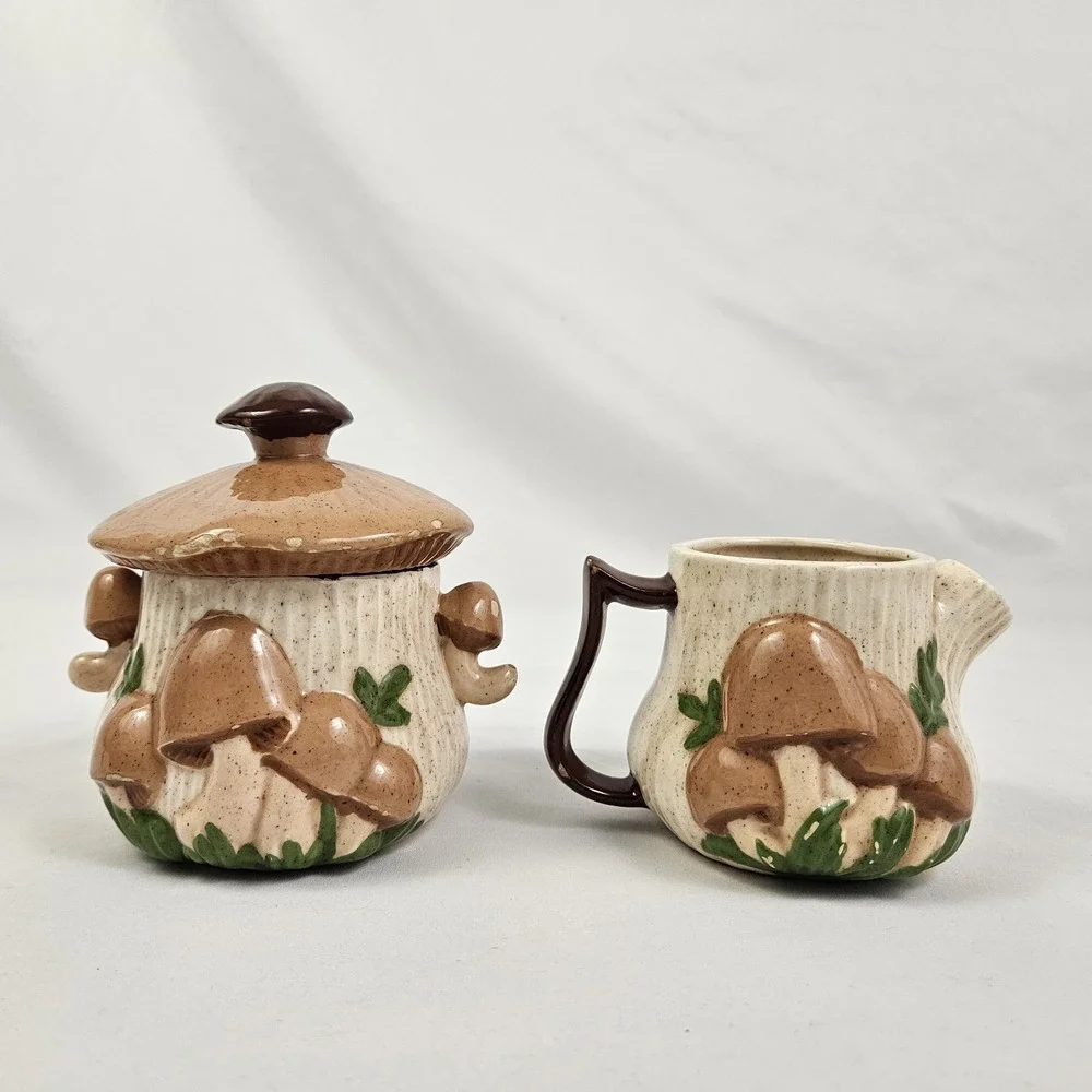 Arnel's Sugar & Creamer Set 3D Mushroom Ceramic 1970's Vintage MCM Kitschy Retro